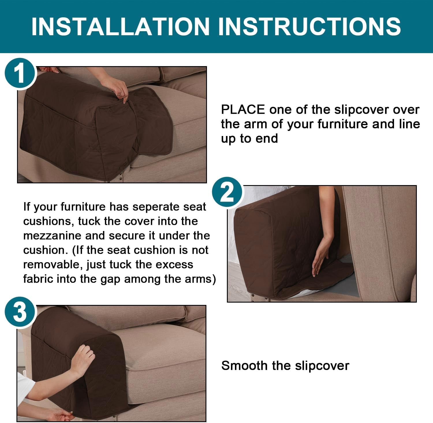 2 Pack Waterproof Armrest Covers for Chairs and Sofas Armrest Covers Couch Arm Covers for Sofa with Side Pocket Anti-Slip Furniture Protector Washable Armrest Slipcovers(Brown)