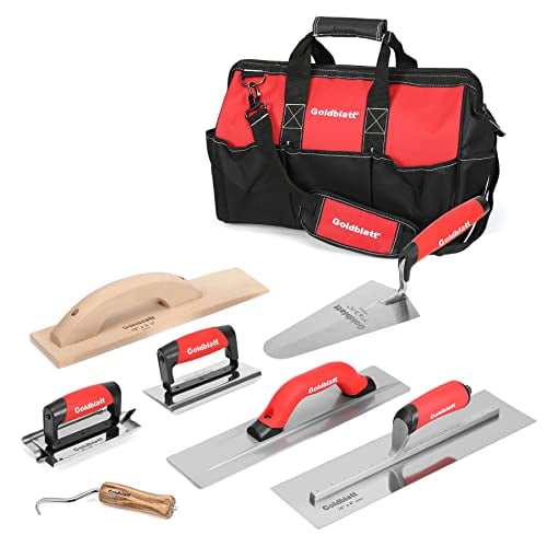Goldblatt Ensemble de 8 Pcs d'Outils de Maçonnerie Comprenant Truelle de Finition, Truelle de Mesure, Rainureur, Bordure, Flotteur en Alliage Extrudé, Flotteur en Bois et Torsade en Fil Métallique, Organisé dans un Sac à Outils