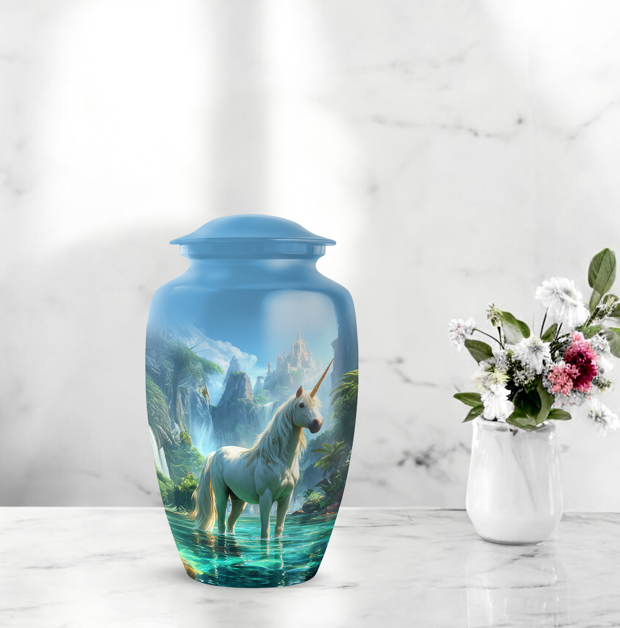 Unicorn Cremation Urn For Mom, Blue Urn For Adult Male, Cloud Large Decorative Urns For Ashes For Women 10-inch, Funeral Burial Urns For Human Ashes Adult Man