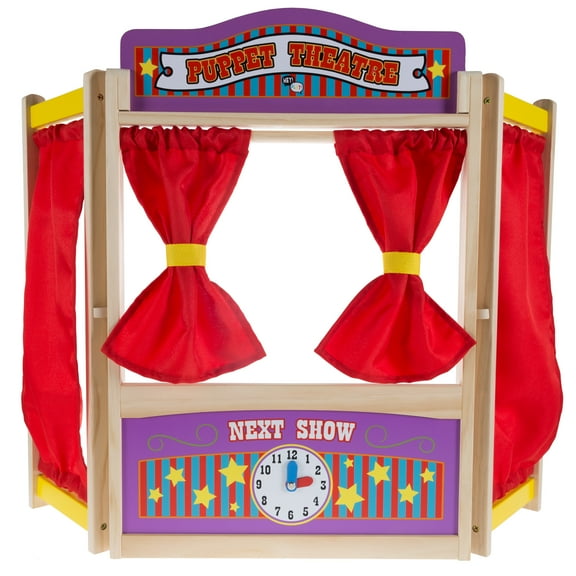 Hey Play Toy Puppet Theater for Kids with Curtains, Blackboard, and Clock