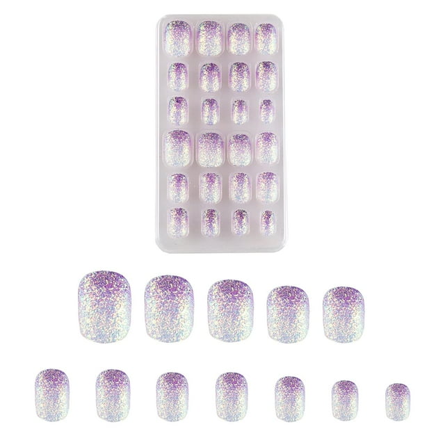 24 uñas postizas para niños, color morado degradado, prepegadas, cortas, ovaladas, cobertura total, artificiales, acrílicas, holográficas y con purpurina, para niñas pequeñas.