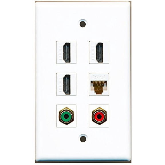 RiteAV - 3 HDMI 1 Port RCA Red 1 Port RCA Green 1 Port Cat6 Ethernet White Wall Plate