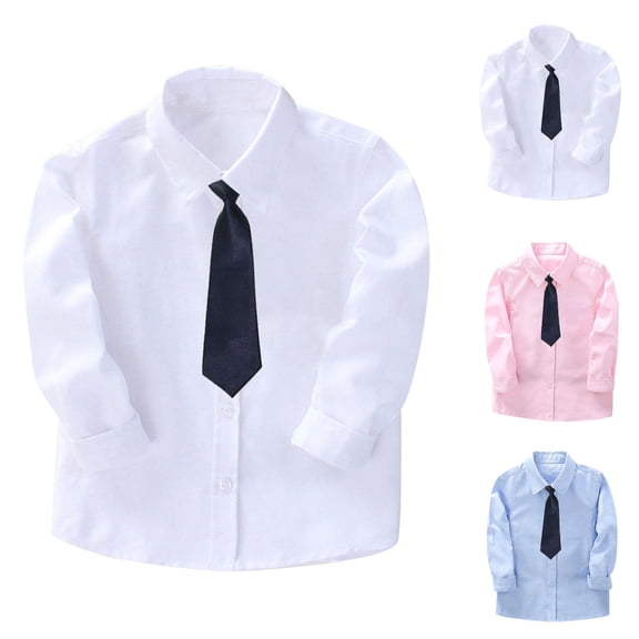 Falkdiz Long Sleeve Shirts for Boys Cotton Back to School Button Up Tie Collar Solid Color Boys Tops Casual,Blue,Size: 2