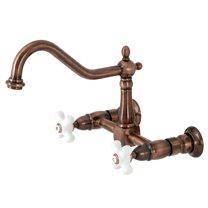 Kingston Brass KS124PXAC Heritage Two-Handle Wall Mount Bridge Kitchen Faucet, Antique Copper