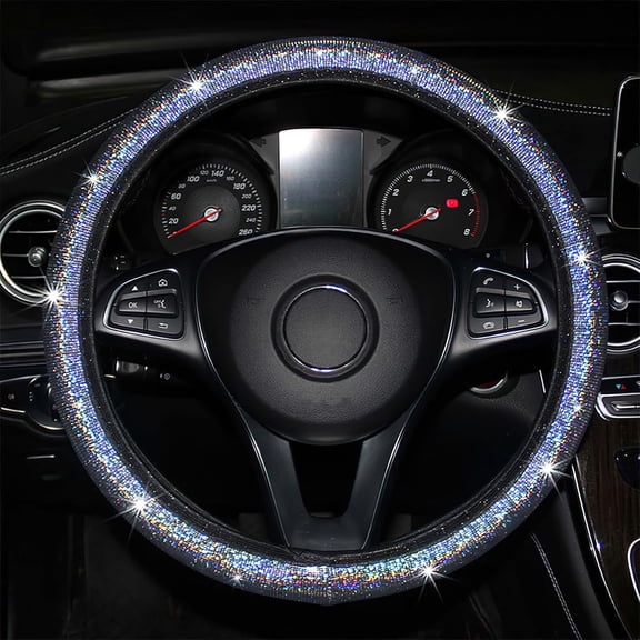 15 Inch Elastic Car Steering Wheel Cover, Bling Sparkling Leather Steering Wheel Cover, Anti-Slip Easy to Install, Silver