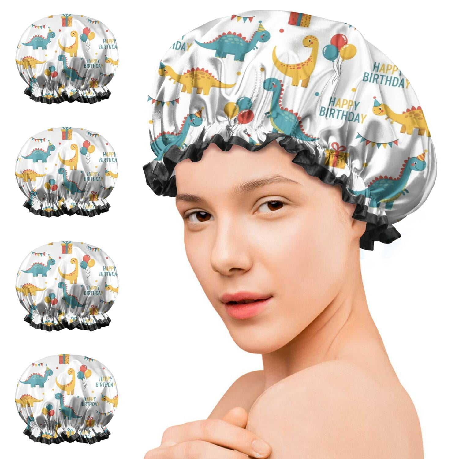 Shower Caps,White Cartoon Dinosaurs Birthday Pattern Waterproof Shower Cap for Women 4 Pieces,Double Reusable Hair Cover for Shower PEVA Elastic Stretch Hem