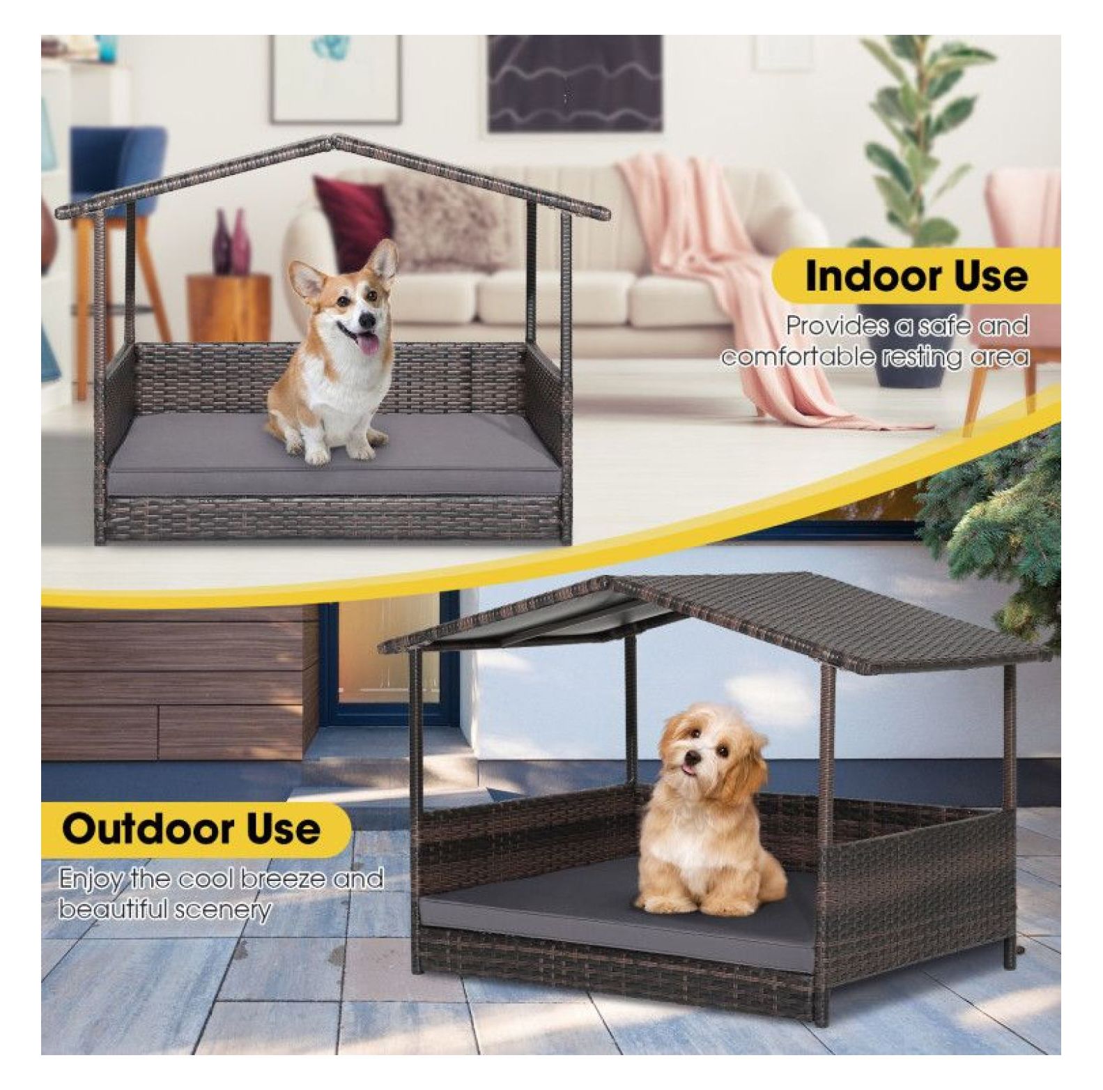 Wicker Dog House Outdoor Indoor, Weatherproof Rattan Dog Bed with Cushion - Large Dog House for Yard, Porch, Living Room, 38.5x27x28.5 Inch