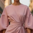 thumbnail image 2 of MORTTIC Women's Elegant Round Neck Solid Color Mid-Sleeve Maxi Dress with Waist Accent Ruffle Detail Pink，S, 2 of 8
