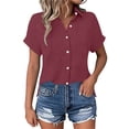thumbnail image 2 of Yievot Button Down Shirts for Women Collared Short Sleeve Side Slit Textured Lightweight Casual Office Tops with Pocket, 2 of 7