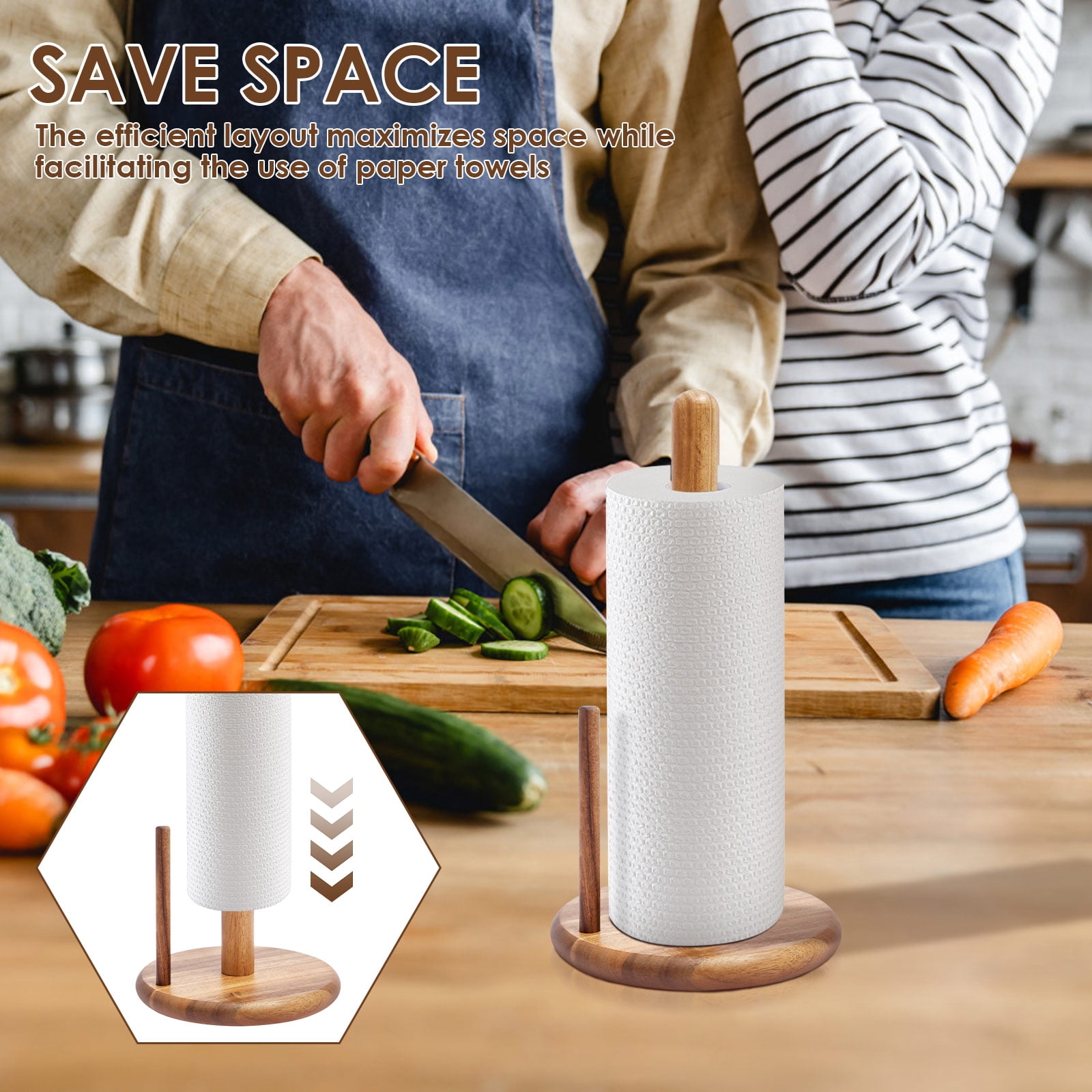 Wood Paper Towel Holder for Kitchen Countertop, Acacia Decorative Standing Farmhouse Paper Towel Roll Dispenser with Stable Non-Slip Base