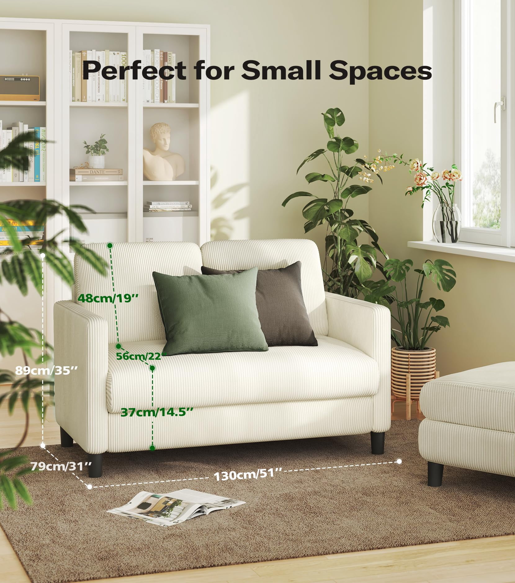 Welzona 51" Corduroy Loveseat Sofa, Small 2-Seater Couch for Small Spaces, Tool-Free Assembly, Off White