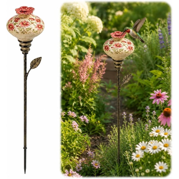 Hummingbird Feeder Garden Stake, 23.6 Inch Decorative Nectar Feeder with 3-Section Metal Ground Stake for Flower Beds Planters Patio Yard,Pink Floral