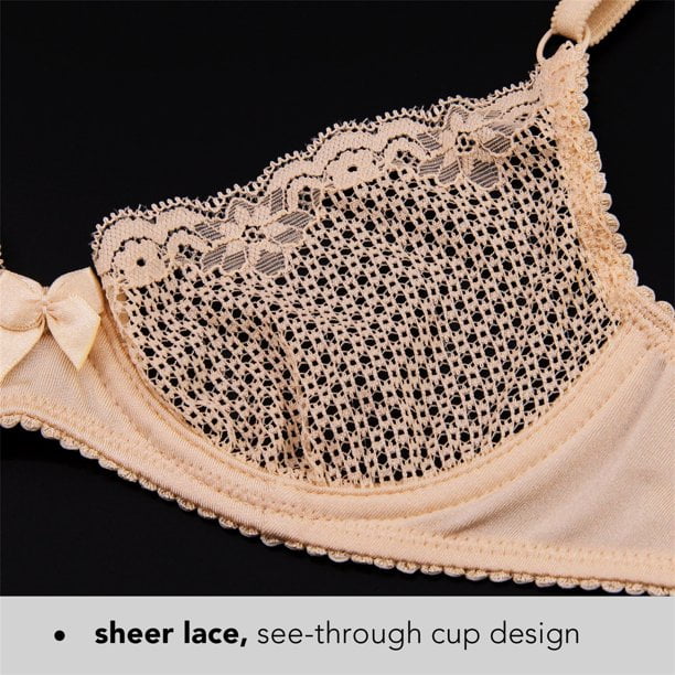 Wingslove Women's See Through Sexy Lace Sheer Bra Unlined Underwire Support  Everyday Bra with Silicone Nipple,Milk Coffee 36DD