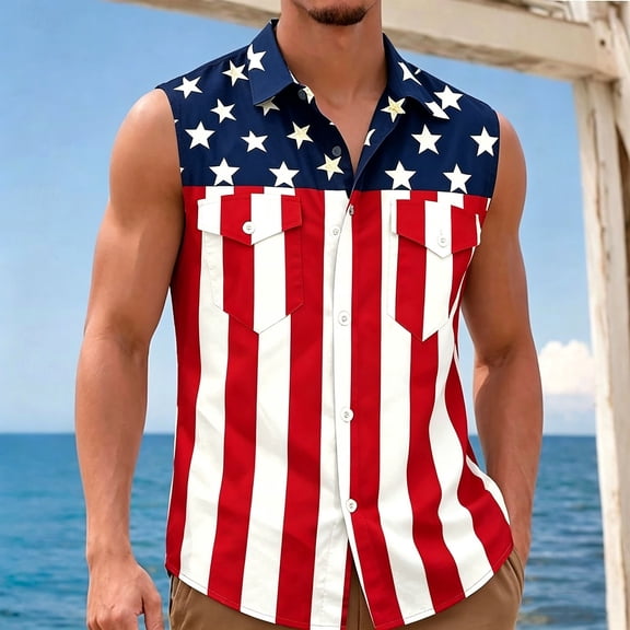 EliteGoogv Mens Tank Top Patriotic Sleeveless Button Down Shirt For Men 4th of July Outfit Memorial Day Summer 250th Independence Day Top Multicolour L