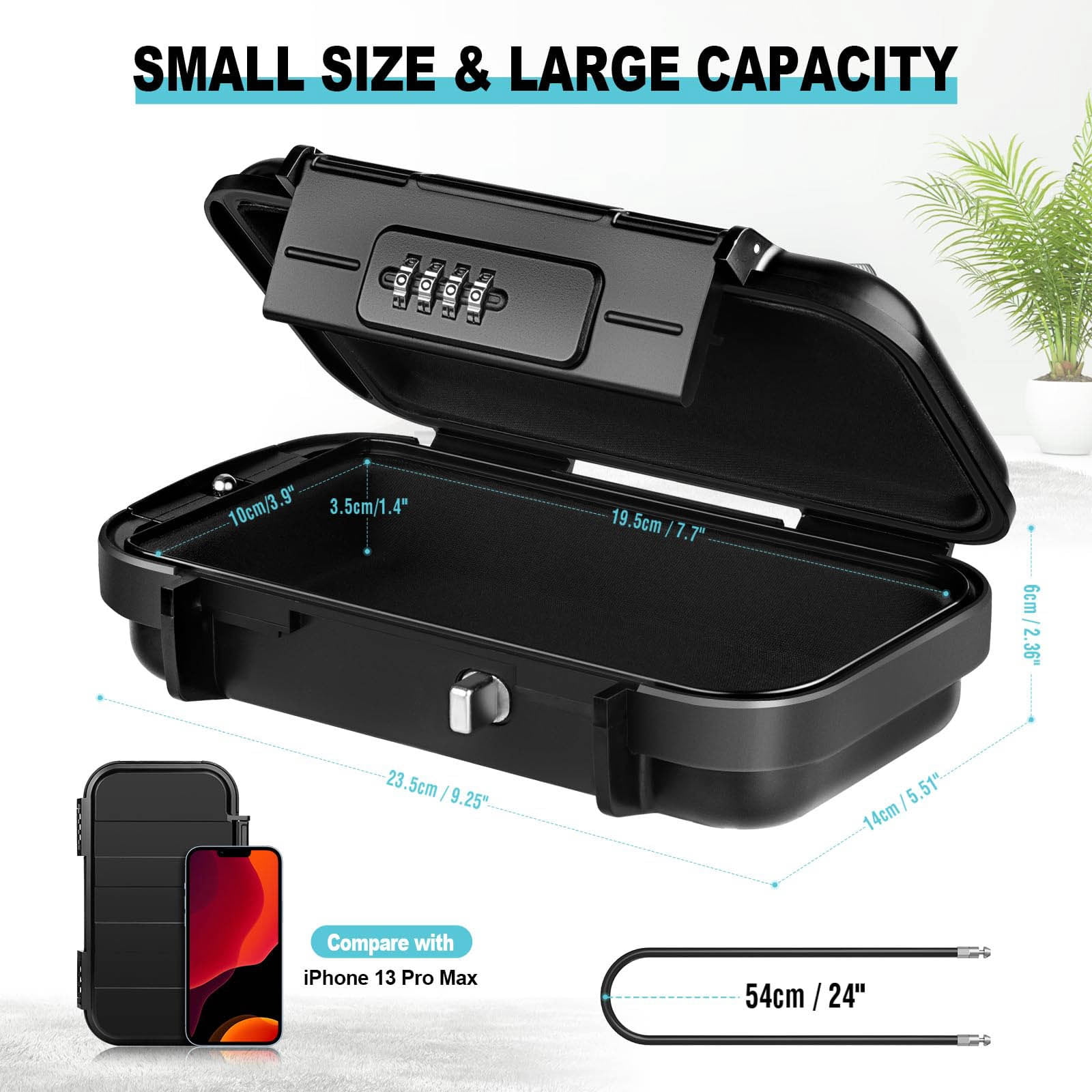 Portable Combination Lock Box – Mini Waterproof Safe With 4-Digit Code, Removable Steel Cable, Shockproof ABS – For Travel, Home, Office, Hotel, Car