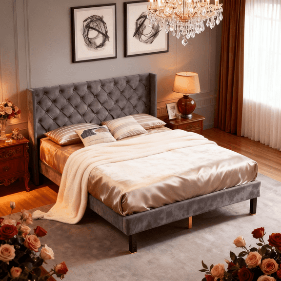 Velvet Button Tufted-Upholstered Bed with Wings Design - Strong Wood Slat Support - Easy Assembly - Gray, Queen, platform bed