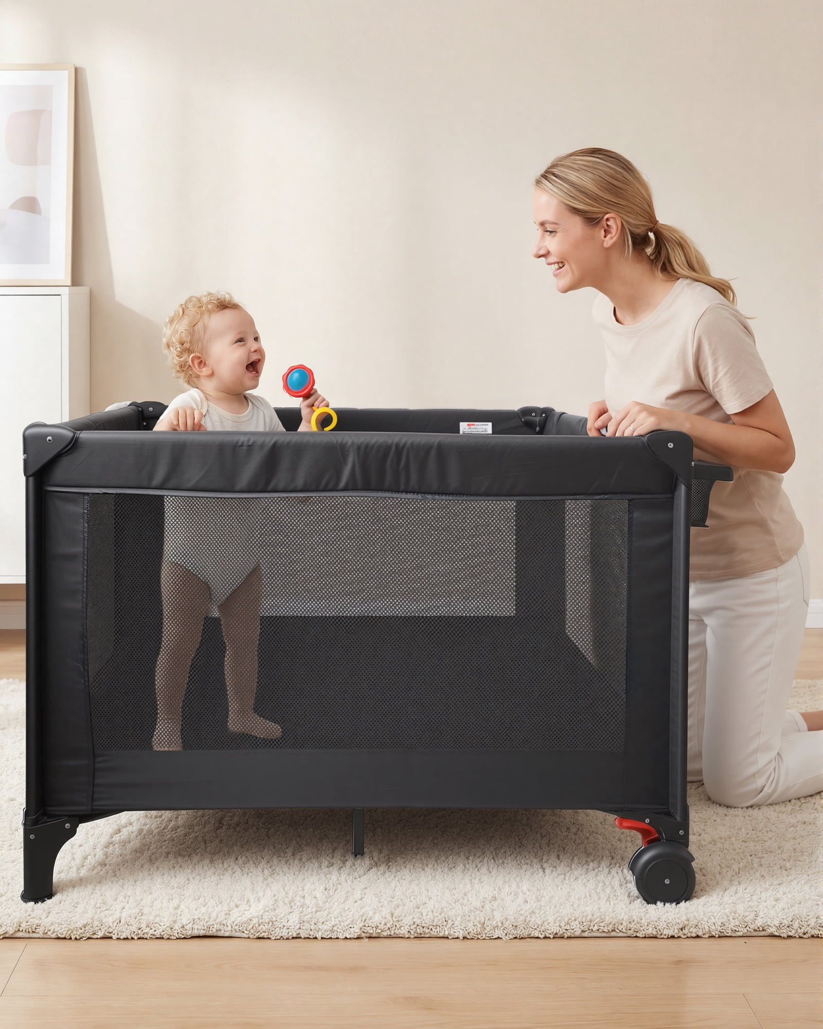 RUPOUN Baby Playards, Foldable Nursery Center Playpen and Toy Mobile, Portable Travel Bassinet, Locking Wheels, Gray