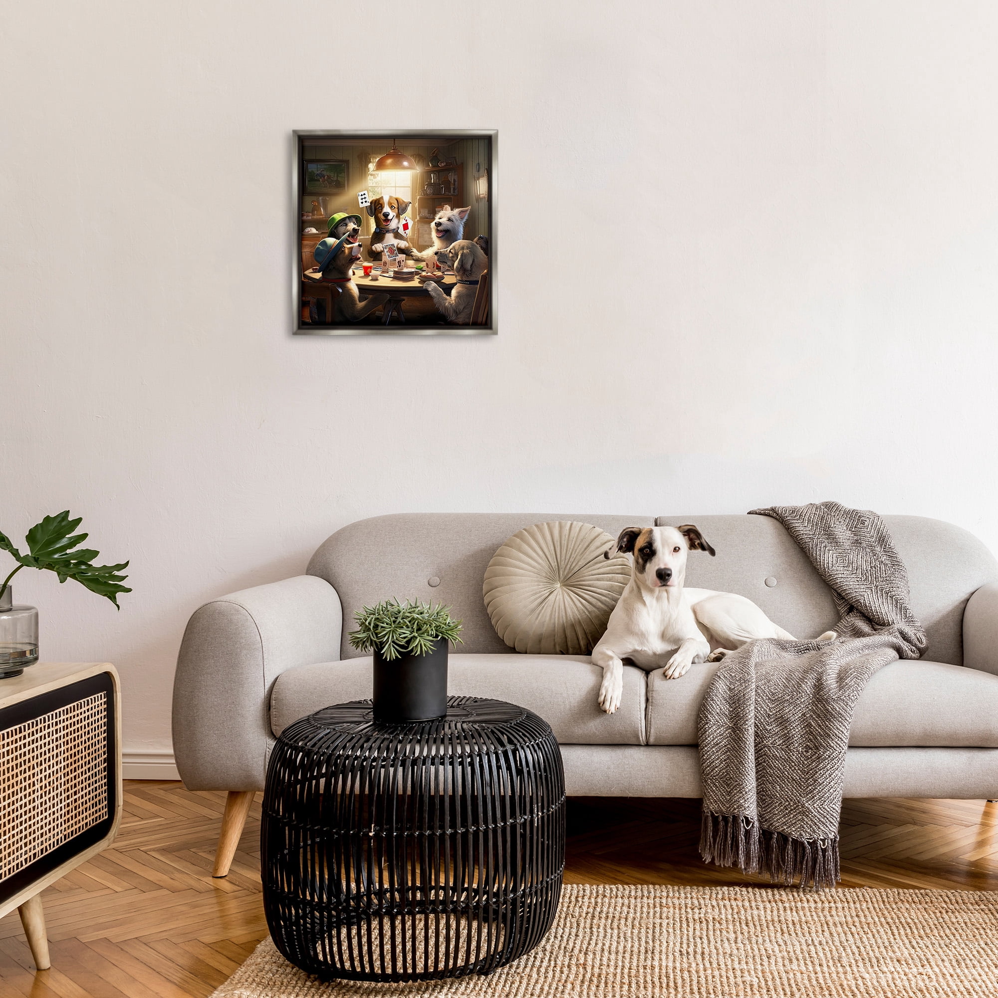 Stupell Industries Dogs & Magic Tricks Animals & Insects Painting Gray Floater Framed Canvas Art Print Wall Art, 25 x 25