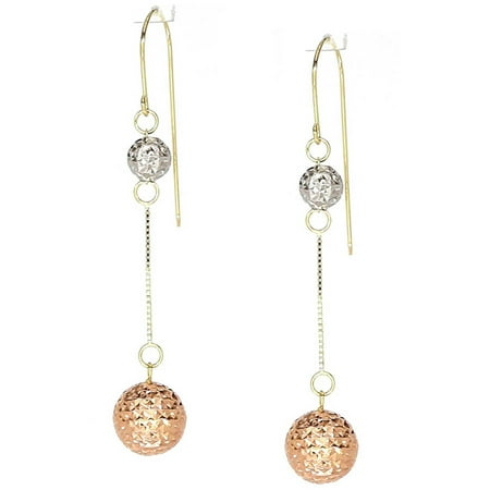 American Designs 14kt Yellow, Rose and White Gold Tri-Color Diamond-Cut Double Bead/Ball Round Dangle and Drop Chain Earrings, French Wire