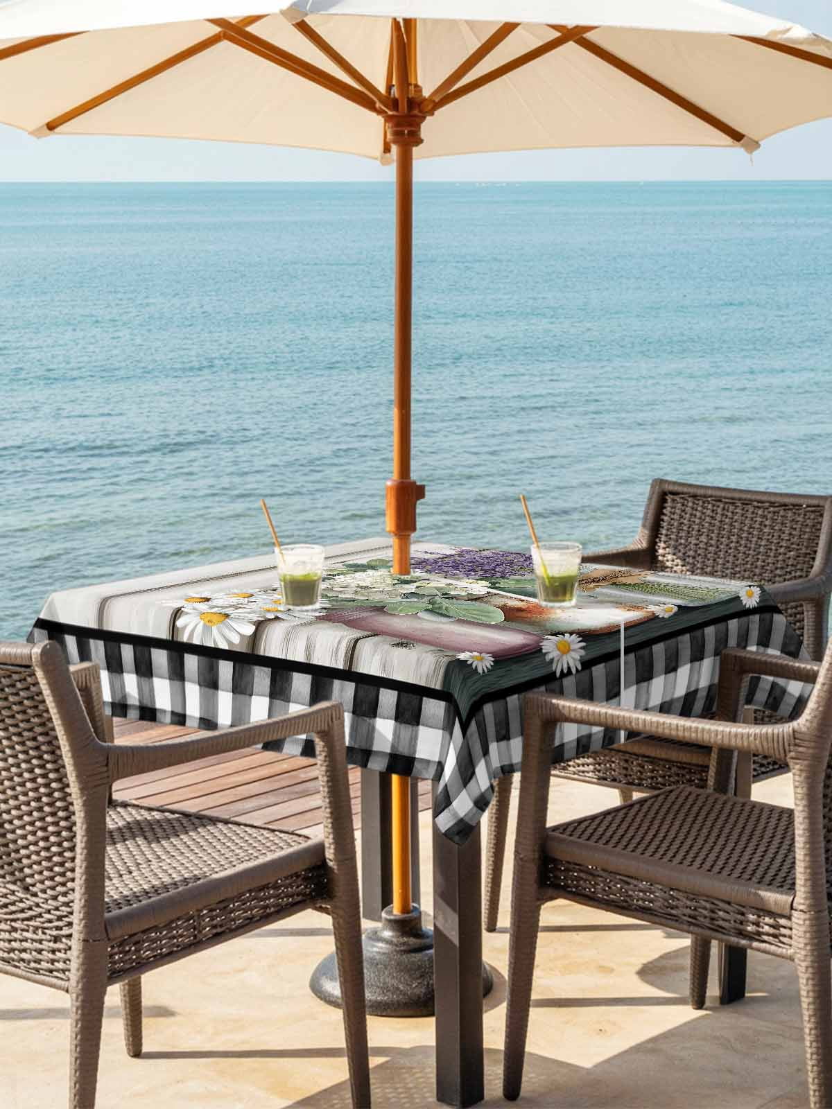 Spring Floral Outdoor Tablecloth - 60x60 Inch Square Dining Table Cover, Pastoral Bottle Flowers Wood Black Plaid Waterproof Outdoor Table Cloth with Umbrella Hole & Zipper for Picnic/Patio/Party