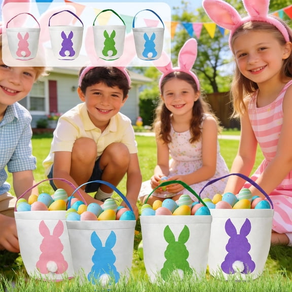AZXY Medium Size Easter Bunny Gift Bag with Handle, 9.06" x 9.84" Reusable Canvas Round Tote Bag with Pink Bunny Print & 3D Tail for Kids Easter Egg Hunt Spring Party Gift Storage
