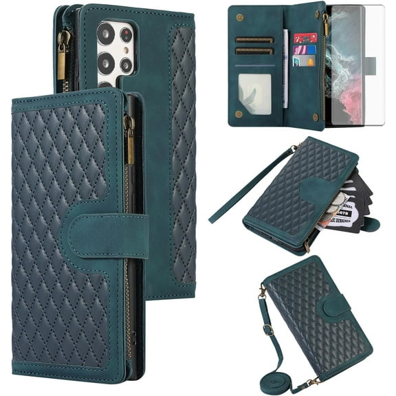 Phone Case for Samsung Galaxy S22 Ultra 5G Wallet Cover With Tempered Glass Screen Protector and Crossbody Wrist Strap Flip Zipper Card Holder Cell S22ultra 22S S 22 S22ultra5g 6.8 Women Green