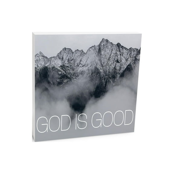 He Is Good Misty Whitecap Mountains 10 x 10 Wood Tabletop Sign Plaque