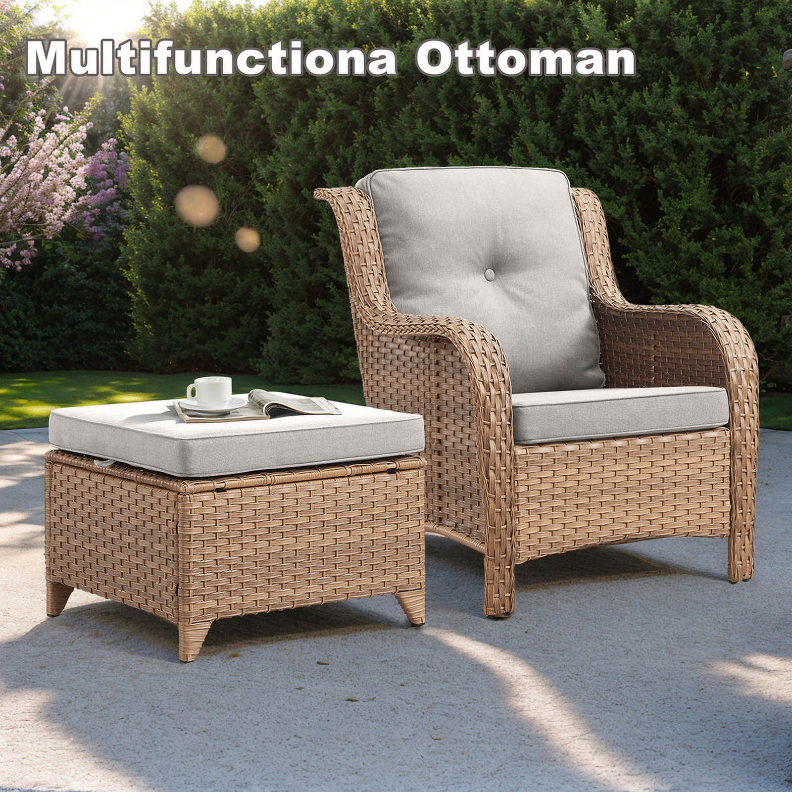PARKWELL 2PCS Outdoor Wicker Ottoman Patio Rattan Furniture Footrest Seat Square Footstool w/Beige Cushion