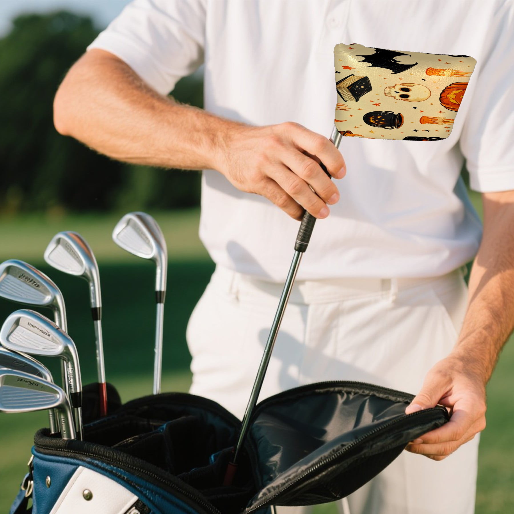 Golf Mallet Putter Cover Premium Leather Golf Putter Head Cover with Magnetic Closure Golf Cover for Men and Women Pumpkin Witch Hat