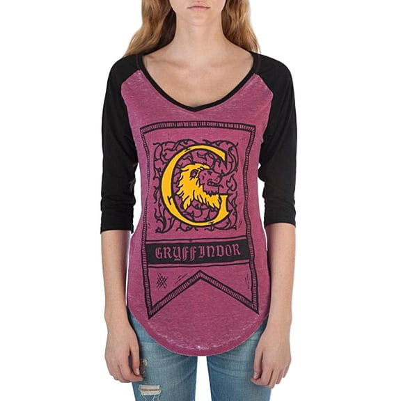 Harry Potter Gryffindor House Crest Flag Juniors 3/4 Sleeve Raglan T-Shirt (Medium)