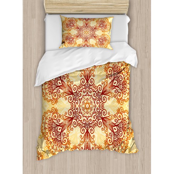 Ethnic Duvet Cover Set, Ornate Vintage Circular Motif in Oriental Tattoo Mandala Inspired, Decorative 2 Piece Bedding Set with 1 Pillow Shams, Twin Size, Dark Orange Apricot, by Ambesonne