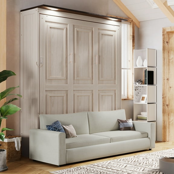 Queen Size Murphy Bed with Sofa and LED, Beige