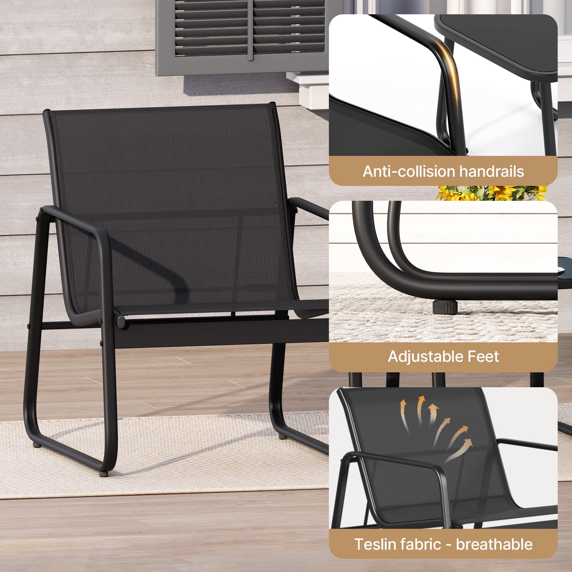 Lofka 3 Pieces Patio Chairs Set with Glass-Top Coffee Table, Outdoor Bistro and Patio Furniture Set for Porch|Backyard|Balcony, Black