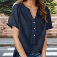 thumbnail image 2 of Sevevn Women's Linen Cotton Short Sleeve Henley Shirt Casual V-Neck Button Front Summer Blouse Navy XL, 2 of 9