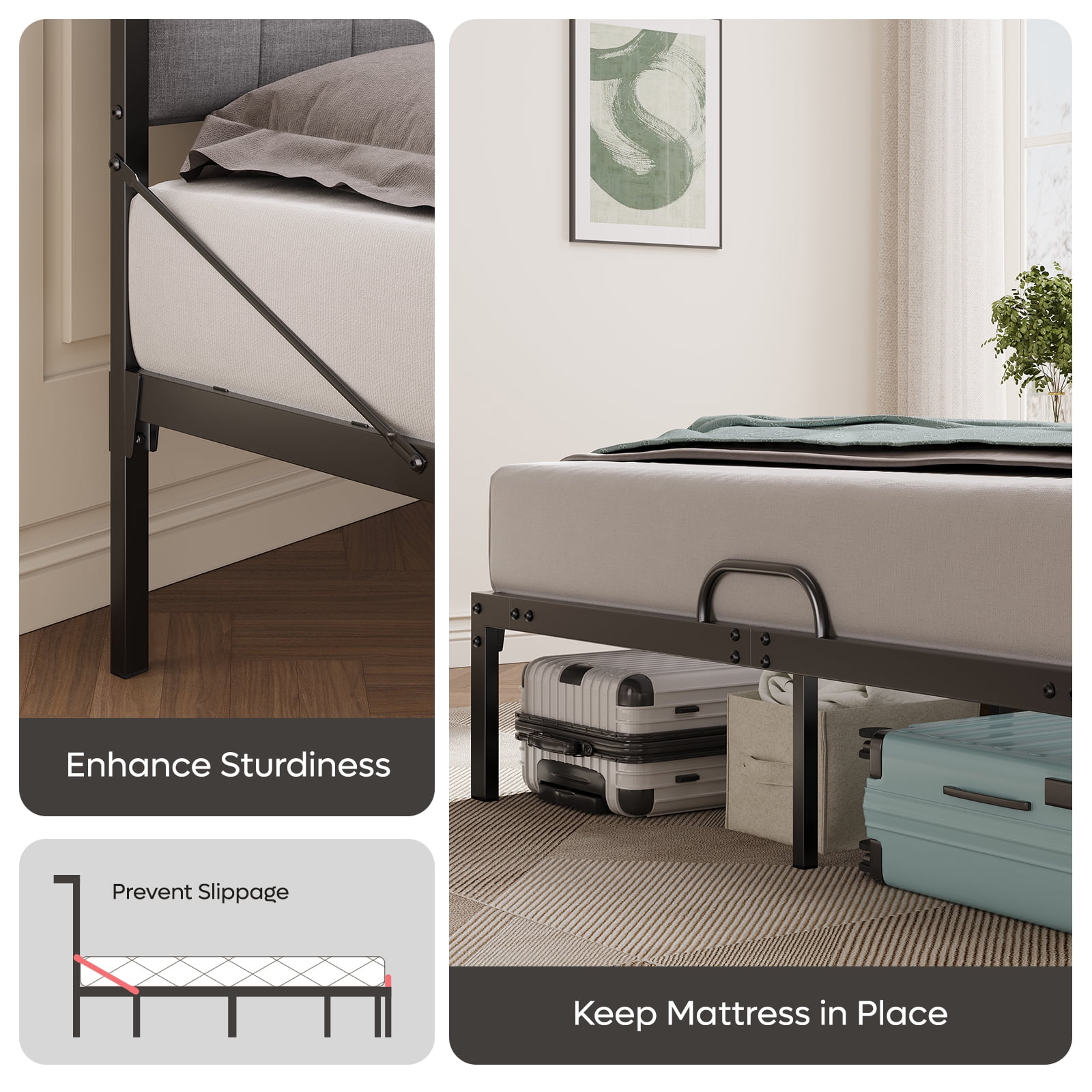 Full Size Bed with Upholstered Headboard | Bestier Metal Platform Bedframe with LED Lights, USB Charging Station & Storage Shelf, Gray Fabric