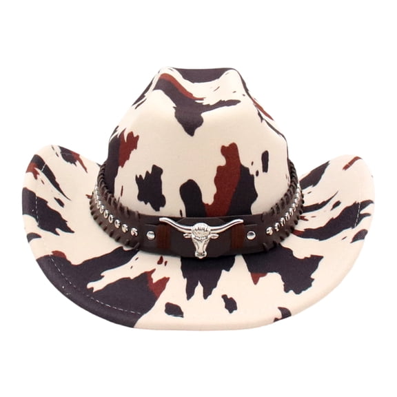Avaner Women's Cow Print Curved Brim Wide Brim Cowboy Hat with Bull Head Decor & Rivet Belt Western Style for Festivals & Daily Wear