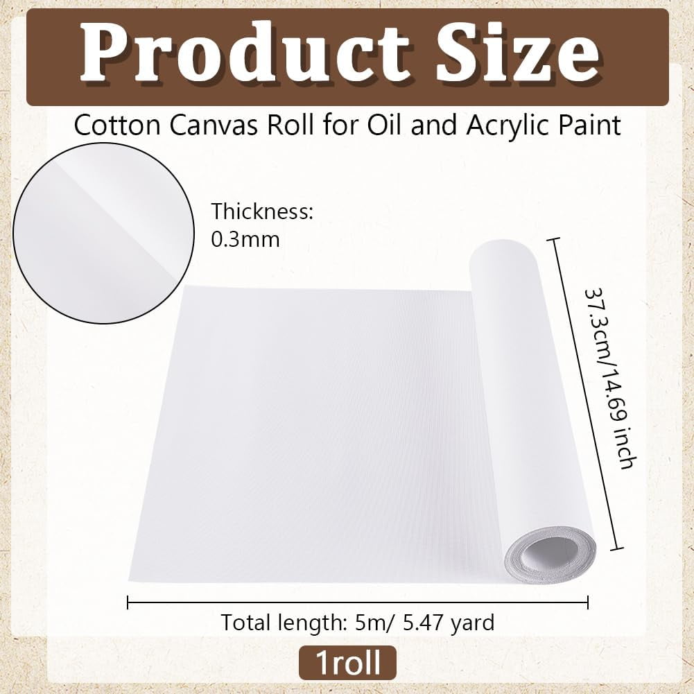14.7 Inch x 5.5 Yards Double Primed Cotton Canvas White Canvas Roll 0.3mm Thick Cotton Canvas Roll for Painting Double Primed Gesso Canvas Paper for Oil and Acrylic Paint Art Projects DIY