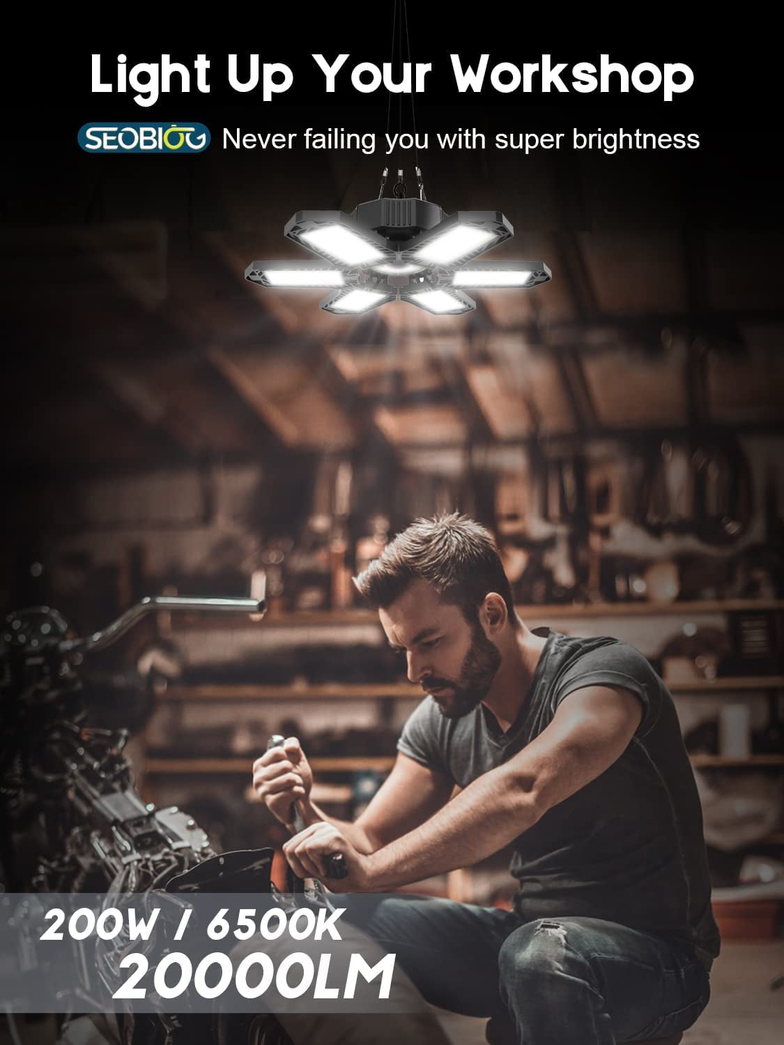 Plug in Garage Light, 200W 20000LM Linkable Shop Light with On/Off Switch, 6500K Hanging LED Lights with 9.84ft Power Cord and US Plug, for Garage, Workshop,Work Bench