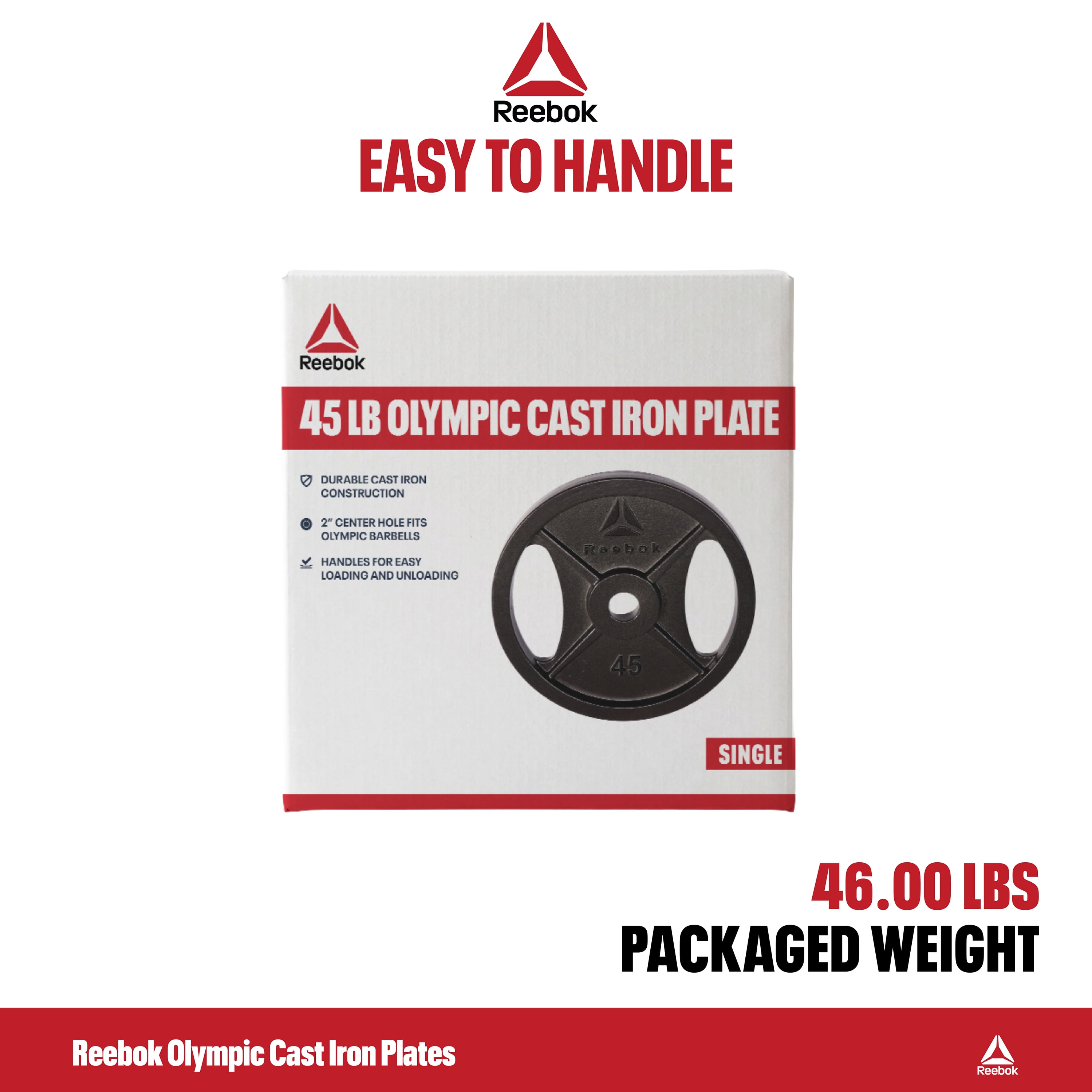 Reebok 45lb Olympic Cast Iron Precision Weight Plate with 2-Grip Handles for Strength Training