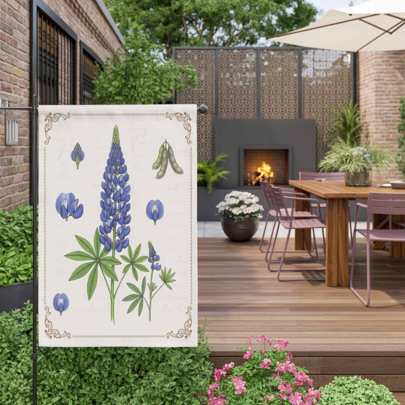 Blue Lupins House Flag 28 x 40 Inches, Country Pastoral Watercolor Flowers Green Leaf Weather Proof Outdoor Patio Flags Double Sided Small House Decoration for Yard Lawn Outside Home