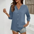 thumbnail image 2 of Yghzkop Cotton Linen Shirt for Women V Neck Button Down Blouse 3/4 Length Sleeve Tops Solid Color Crinkle Textured Top Boho Chic Loose Fit Spring Summer Breathable Natural Style Tunic, 2 of 6