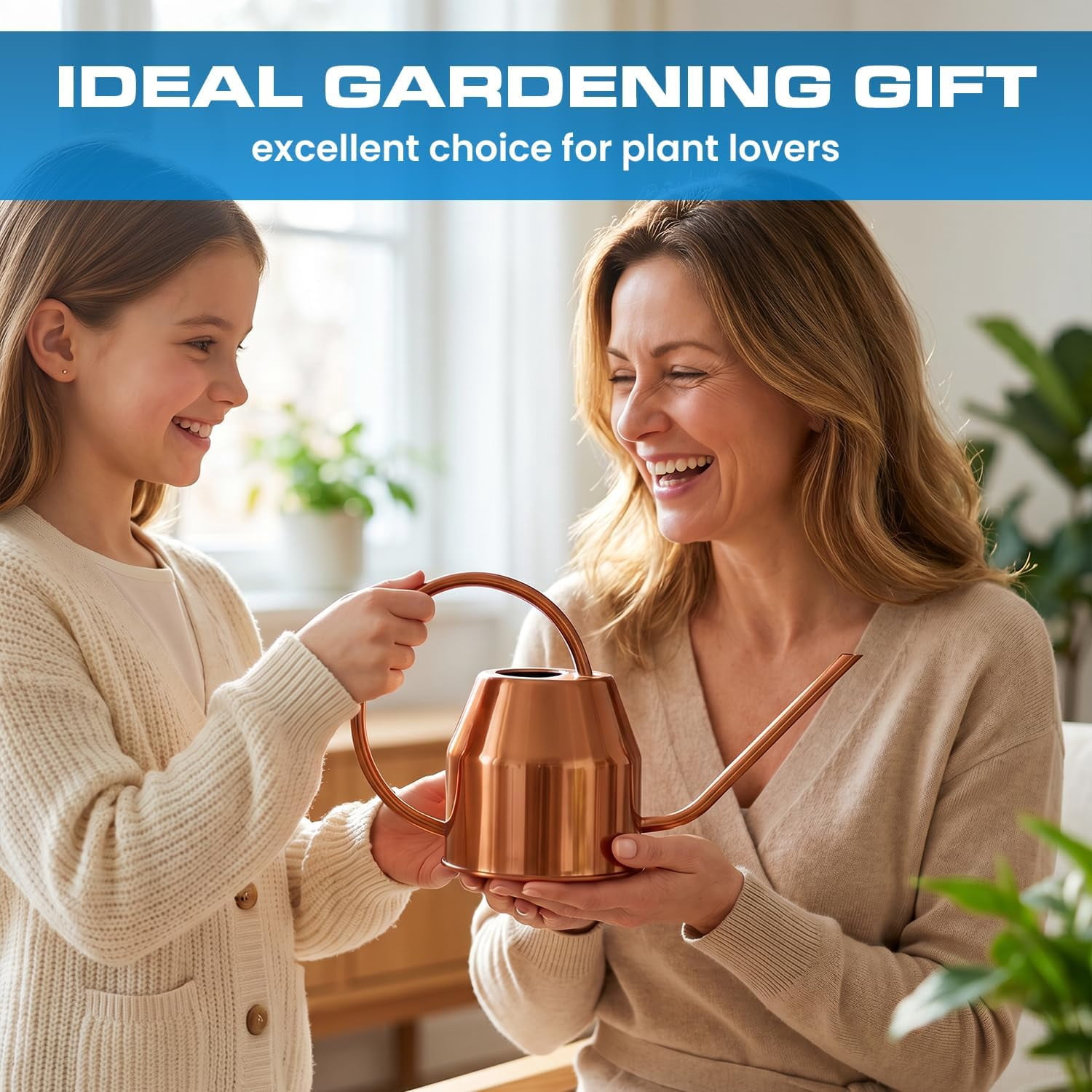 Plexon Rose Gold Metal Watering Can Indoor Plants 40 oz, Stainless Steel Long Spout Watering Can Outdoor House Plant Flower, Garden