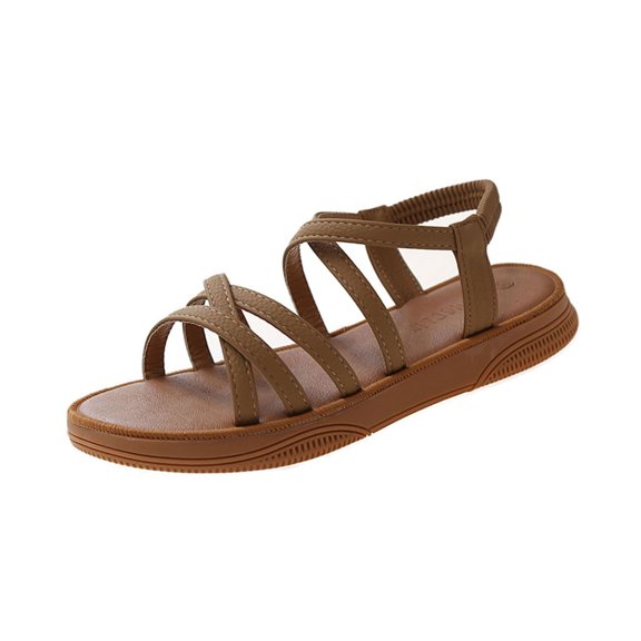 HBGVBA Womens Beach Sandals Solid Color Crisscross Strap Round Toe Open Toe Back Elastic Strap Flat Sole Summer Shoes 39