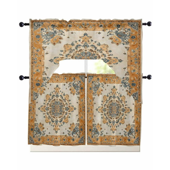 Burnt Orange Boho Kitchen Curtains Sets 24 Inch Length with Valance, Southwestern Ethnic Geometric Swag Valances and Tiers Curtain Set Drapes Swag Curtains for Living Room, Bathroom, Bedroom, Cafe
