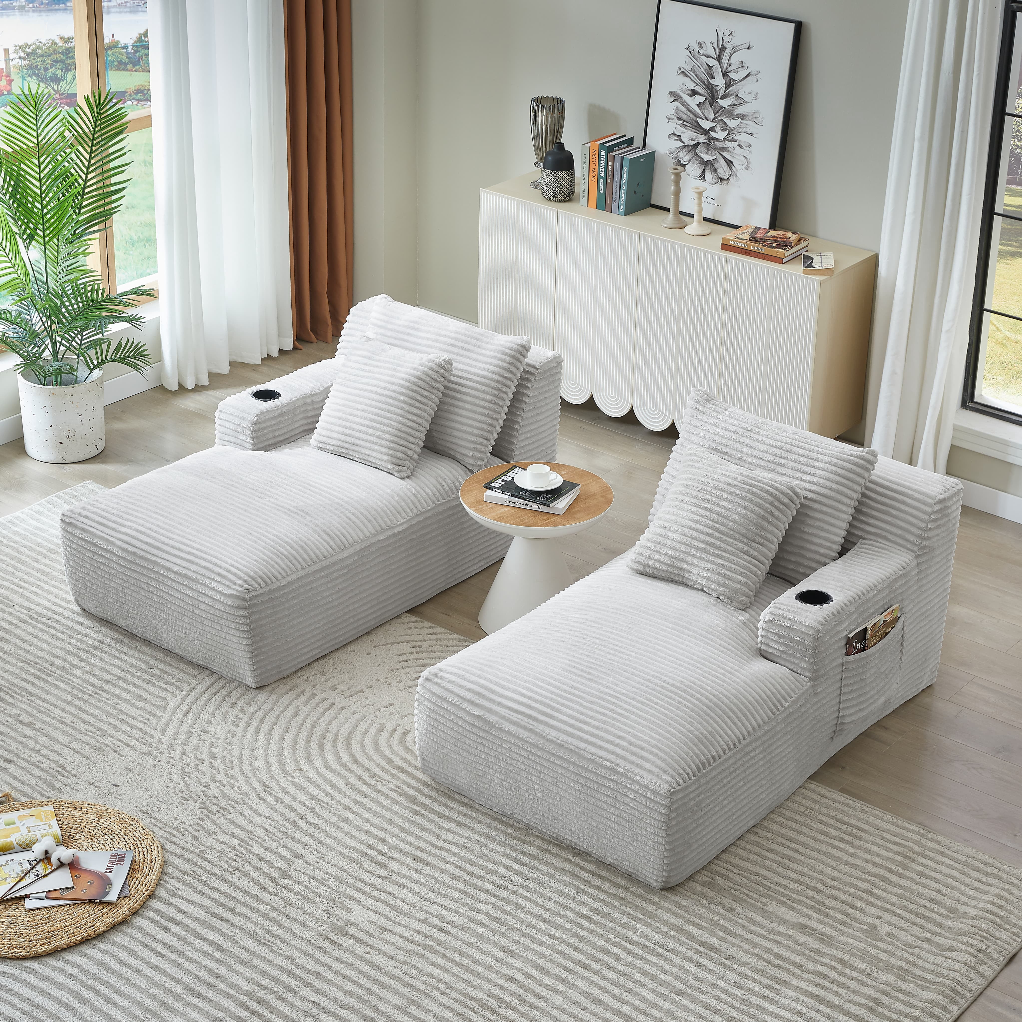 MAYEERTY Compressible Corduroy Double Chaise Sofa, Modern Sectional Loveseat with Cup Holders for Living Room, 71*62*34"Light Grey