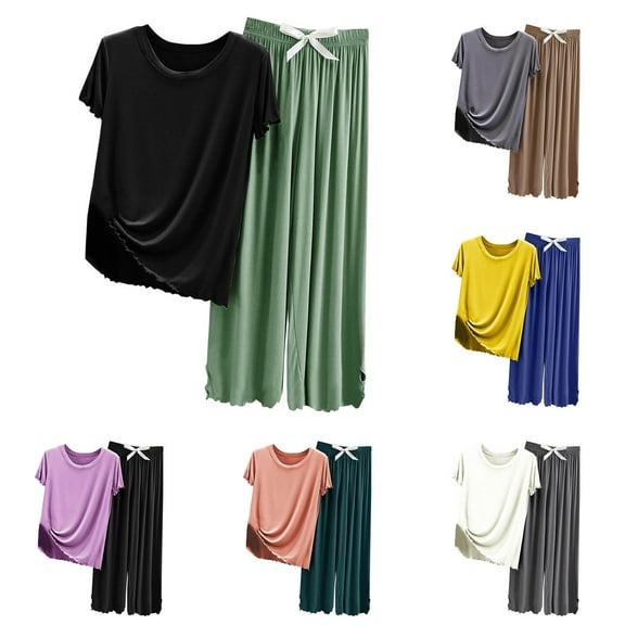 Bovxnpu Summer Two-Piece Womens Pajamas Set, Silk Satin Pajamas Set for Women, Women's Casual Loose Short-Sleeved Pant Home Suit Pajama Sets Gray L