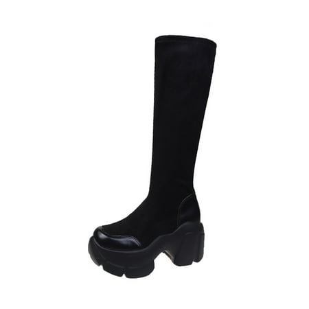

Colisha Ladies Comfortable Long Platform Boot Party Stretchy Winter Shoes Business Tall Black Plush Lining 5.5