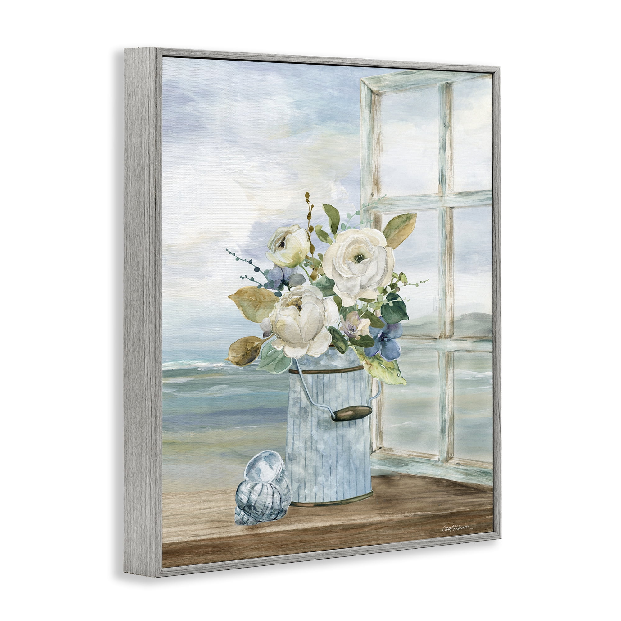 Stupell Industries Seaside Florals on Windowsill Gray Framed Giclee Art, design by Carol Robinson