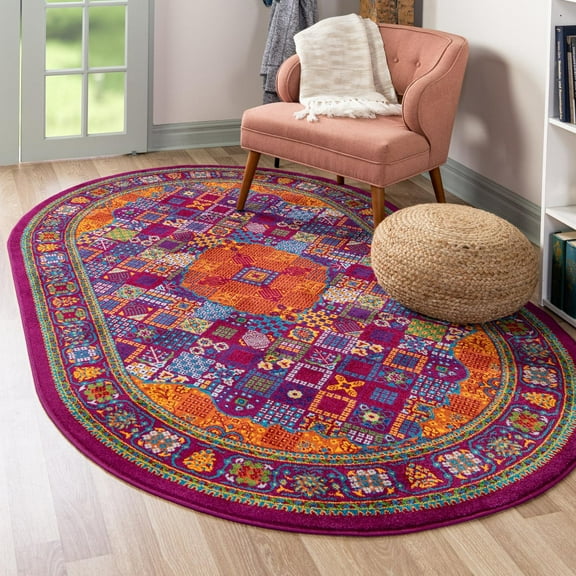 Unique Loom Calypso Collection Area Rug - Trinidad (7' 10" x 10' Oval Fuchsia/Green)