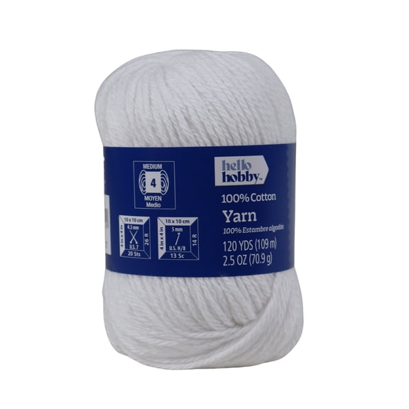 Hello Hobby Size 4 Medium Weight Cotton White Yarn, 2.5 oz, 120 yds